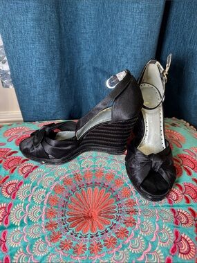 BCBGirls Black Satin and Sequins Wedge Peep-Toe Sandals with Bow
